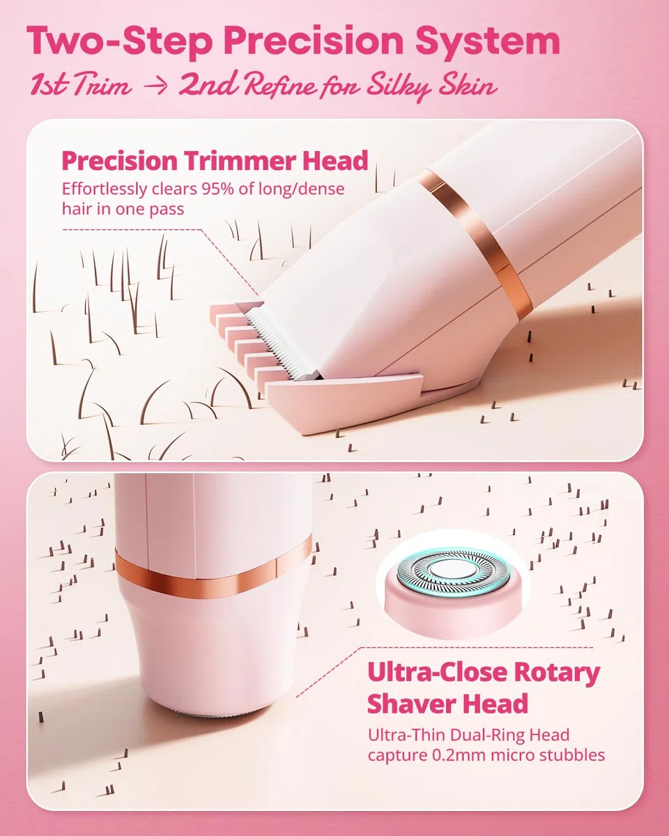 VG VOGCREST Rasoio elettrico per bikini: ricaricabile per rimuovere i peli del corpo, da donna, indolore, per braccia, ascelle, gambe, peli pubici (rosa)