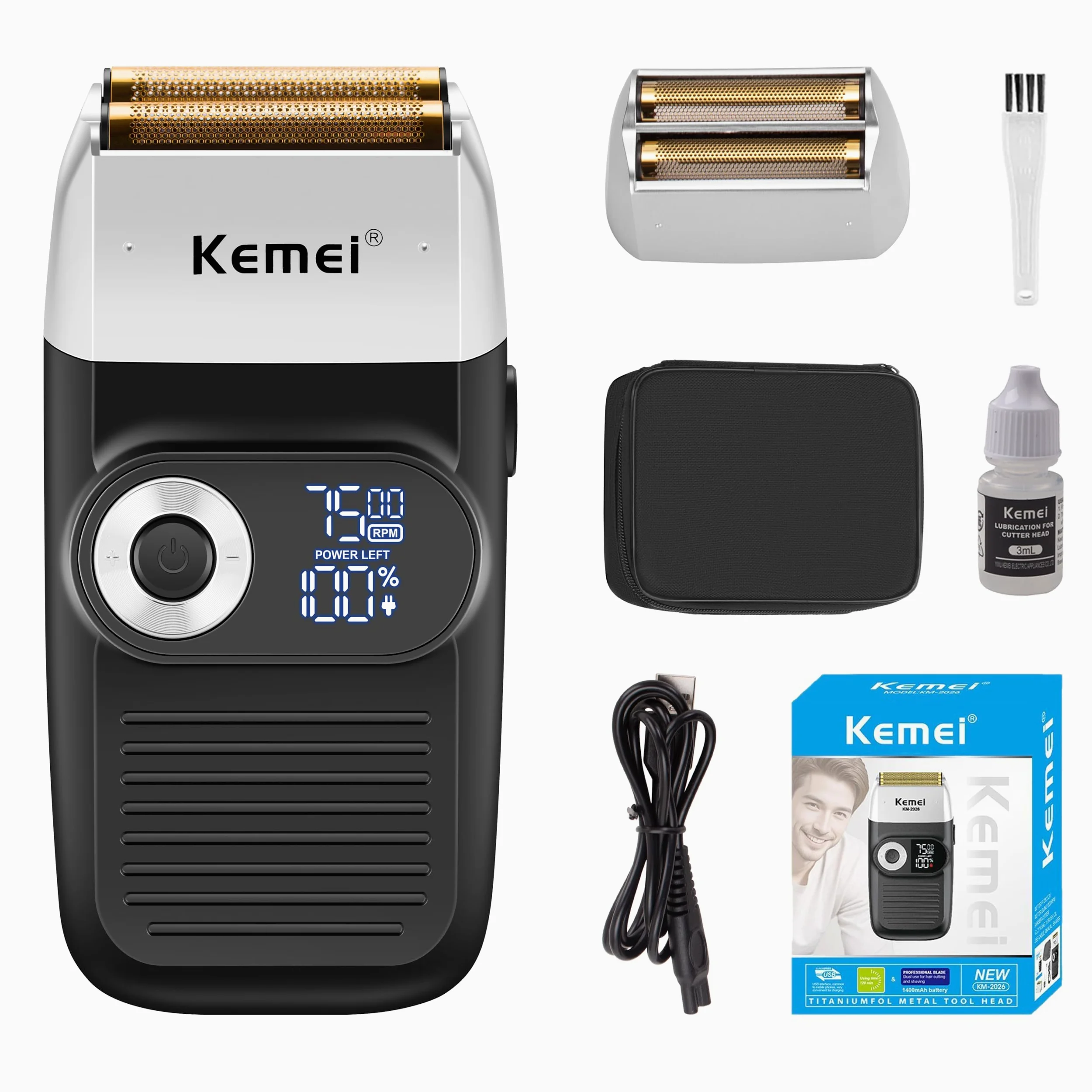 Kemei Rasoio elettrico a lamina per uomo con rifinitura della calvizie Rasoi elettrici senza filo con display a LED,Regali per la Festa Del Papà