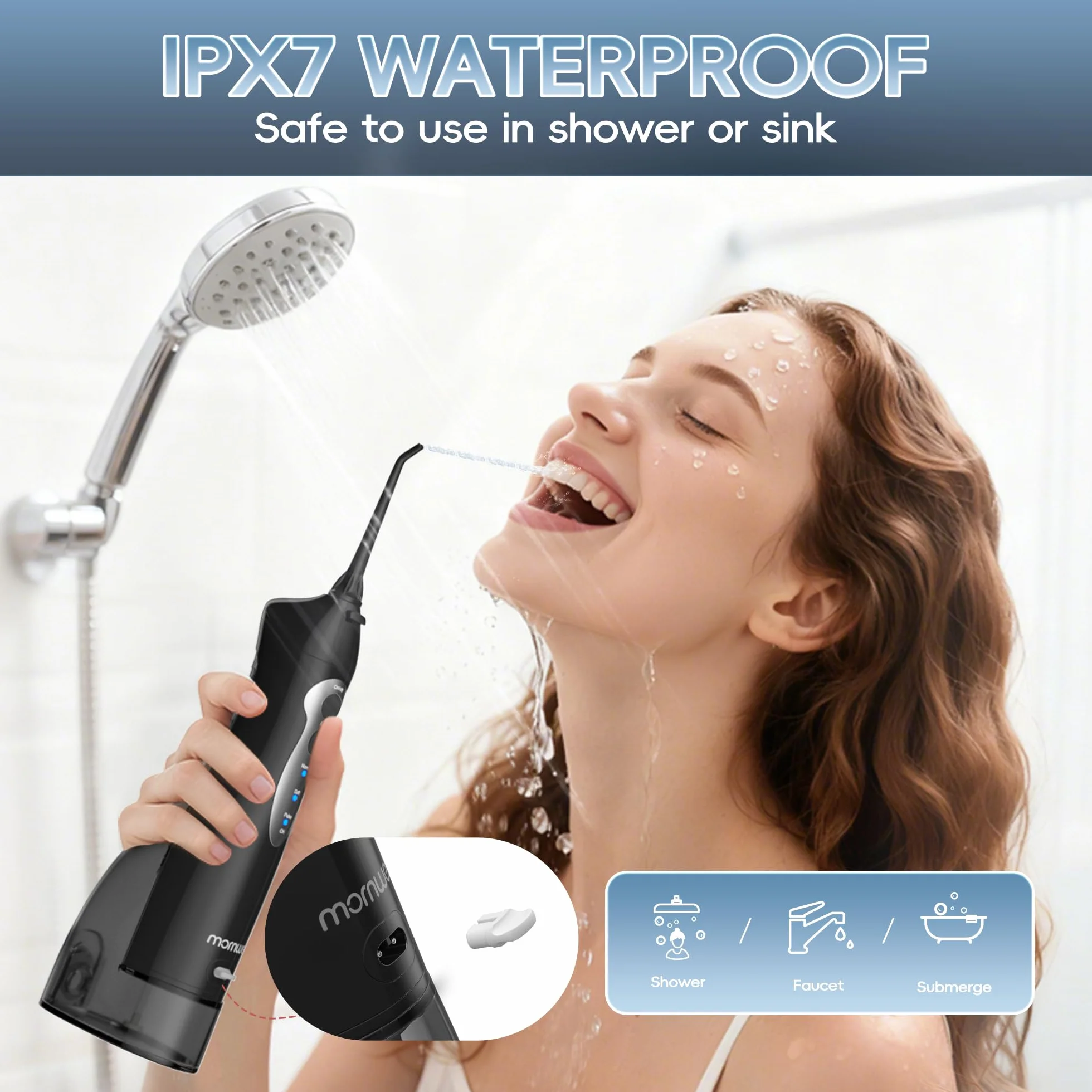 Mornwell Irrigatore orale senza fili per denti portatile orale pulitore elettrico 300 ML 3 modalità 4 punte jet pulizia profonda aiuta con USB (Nero)
