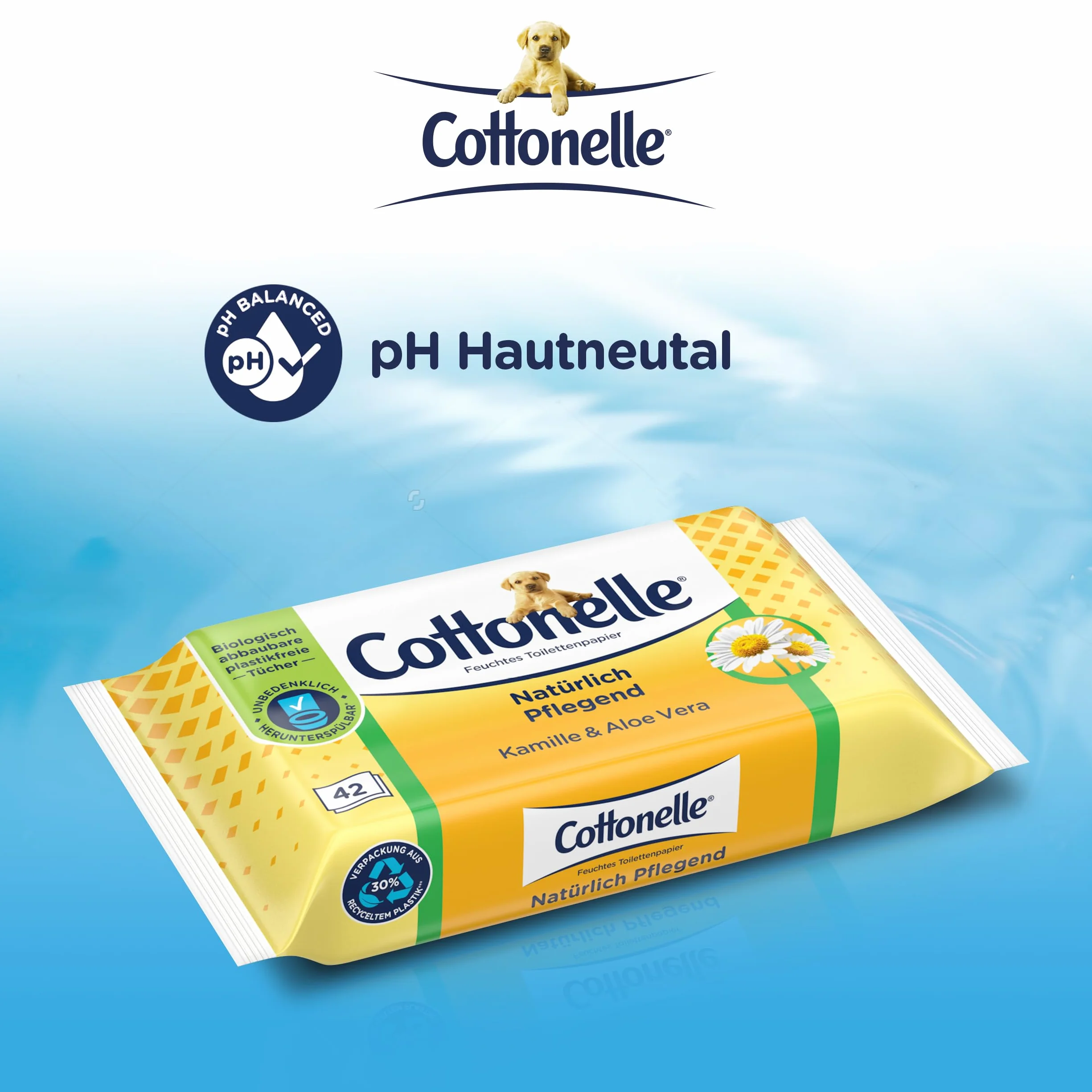 Cottonelle Carta igienica umida, naturale nutriente, camomilla e aloe vera, biodegradabile, senza plastica, richiudibile, confezione conveniente, 12 x 42 salviettine umidificate