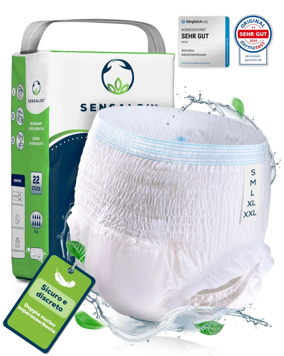 Sensalou Mutande Assorbenti Incontinenza Adulti Taglia L 22 Pezzi – Pannolini a Mutandina Monouso per Perdite Urinarie Gravi – 3110 ml Assorbenza – Slip Unisex Traspiranti Uomo Donna Anziani