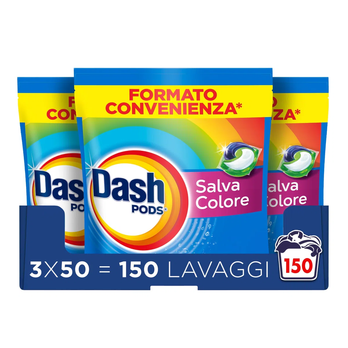 Dash Pods Detersivo In Capsule, 3x50 Lavaggi, Salva Colore, Rimuove Le Macchie, Igienizza, Brillantezza Per I Capi