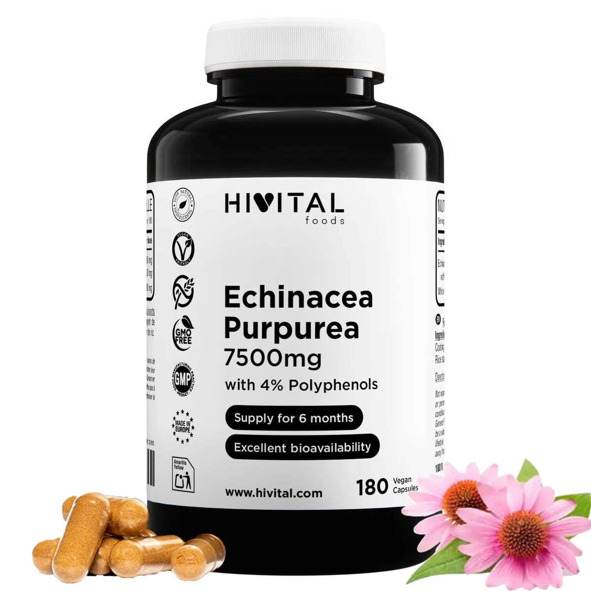 Echinacea 7500 mg. 180 capsule vegane per 6 mesi di trattamento. Estratto di Echinacea Purpurea con il 4% di Polifenoli. Prodotto in Europa da HIVITAL