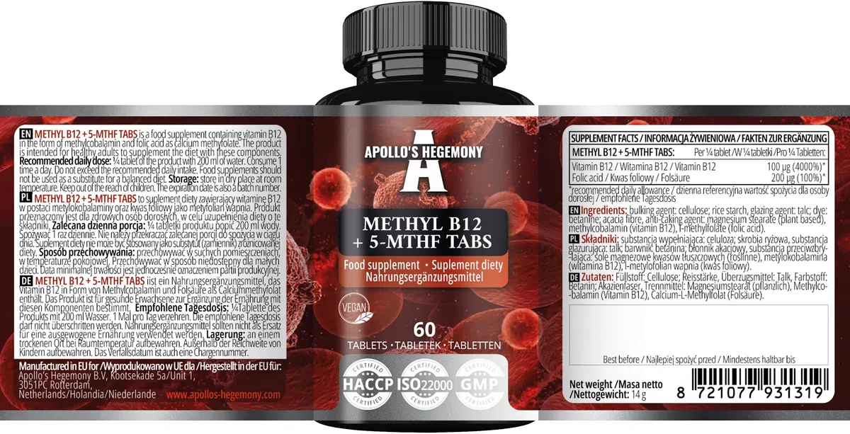 Metil B12 + 5-MTHF 300 mcg - Vitamina B12 e acido folico - 60 compresse vegane - 8 mesi di fornitura - Supporto per l'energia e il benessere - Integratore alimentare - da Apollo's Hegemony