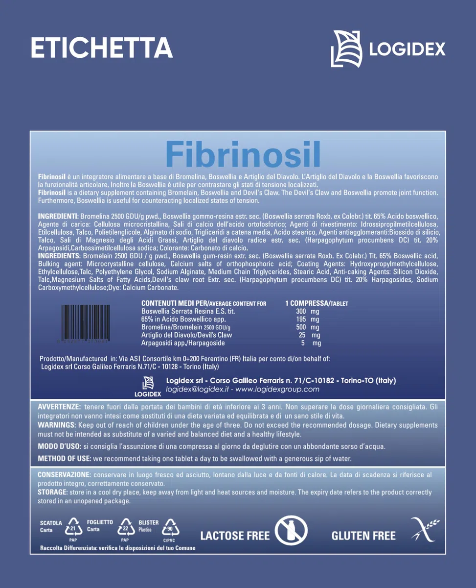Fibrinosil - Integratore Antinfiammatorio Naturale Dolori Articolari e Muscolari con Artiglio del Diavolo Forte, Bromelina e Boswellia, Miorilassante muscolare – 20 Compresse – Logidex