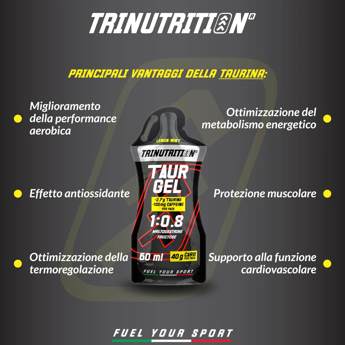 TAUR GEL, Gel Energetico con Taurina e Caffeina, 10 x 60ml, 40g di Carboidrati, Rapporto 1:0,8 Maltodestrine e Fruttosio, Gusto Limone e Menta, Gel per Ciclismo Corsa, Senza Glutine