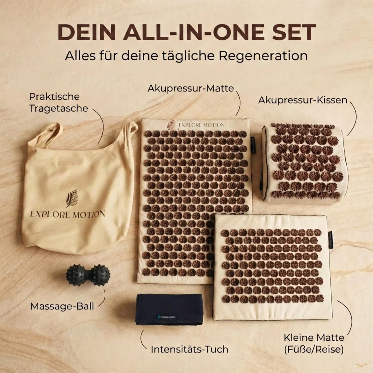 Tappetino di Agopressione Premium 6 in 1 - Edizione Sandstone | Massaggio schiena e cervicale contro stress e tensioni | Con cuscino, tappetino extra, palla da massaggio e borsa | Senti la differenza
