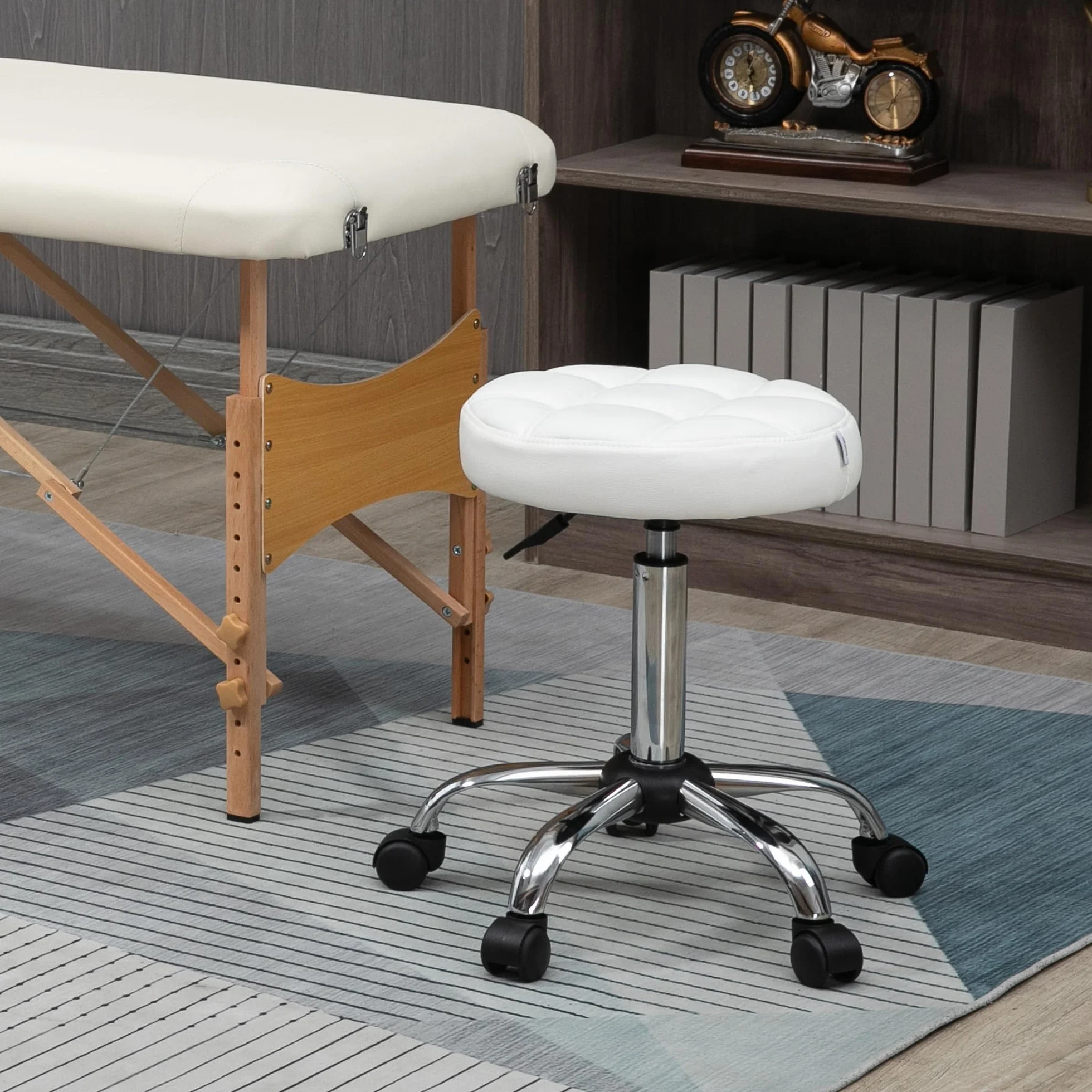 HOMCOM Sgabello Girevole con Ruote Rotondo, Sgabello per Parrucchiere ed Estetista con Altezza Regolabile, Imbottito in Finta Pelle, Bianco