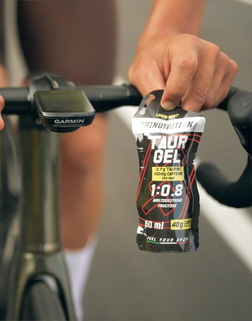 TAUR GEL, Gel Energetico con Taurina e Caffeina, 10 x 60ml, 40g di Carboidrati, Rapporto 1:0,8 Maltodestrine e Fruttosio, Gusto Limone e Menta, Gel per Ciclismo Corsa, Senza Glutine