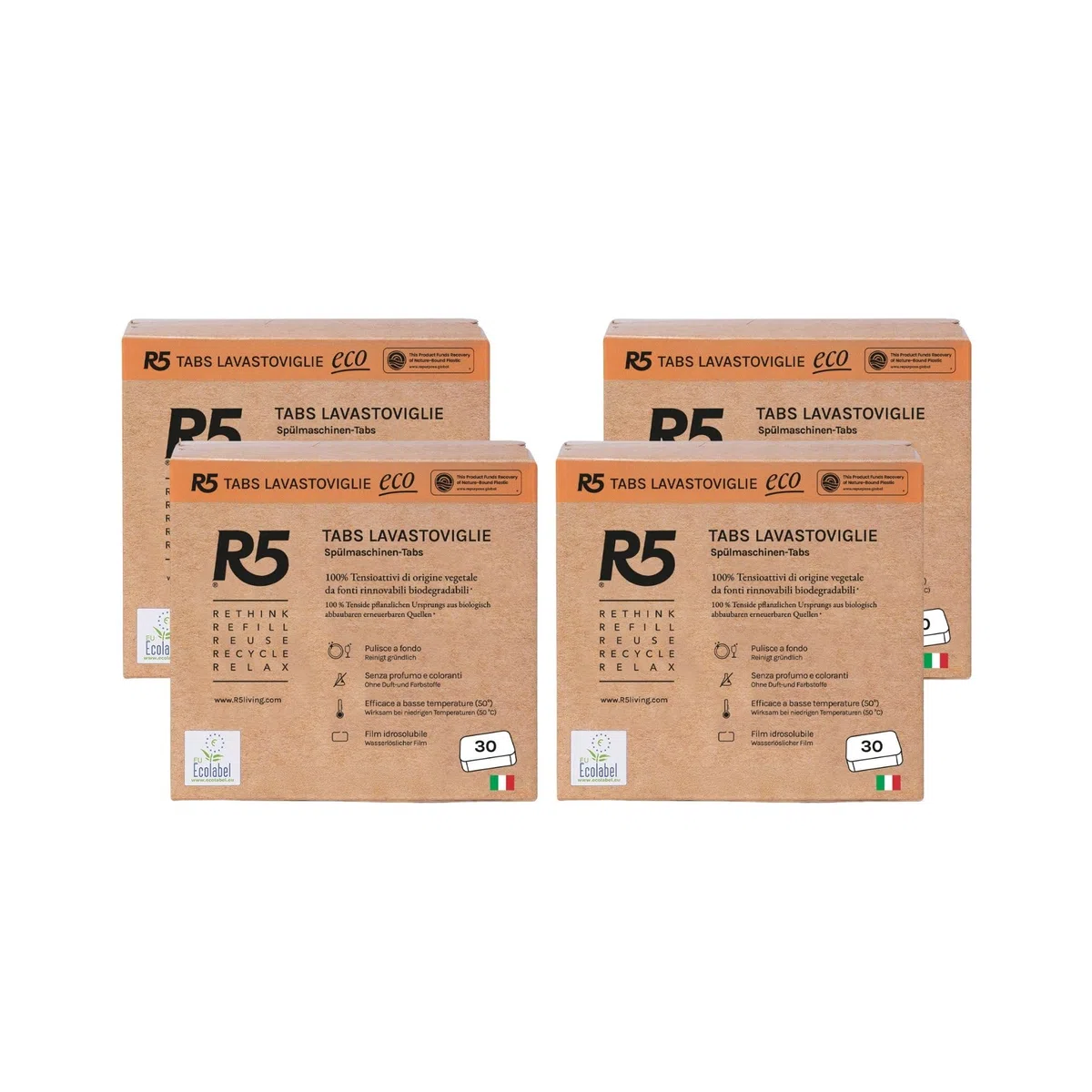 R5, Eco Tabs Lavastoviglie, 120 Pastiglie Lavastoviglie, con Tensioattivi di Origine Vegetale, Certificate Ecolabel, Climate Partner, Made in Italy, 4 x 30 Pods