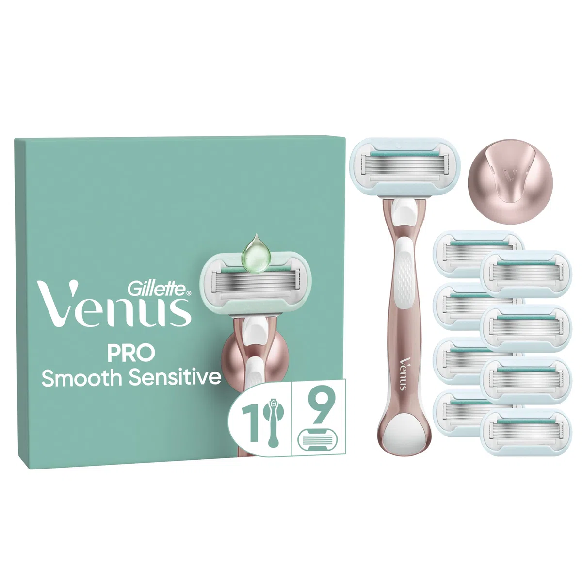 Gillette Venus Pro Smooth Sensitive Rasoio Donna A 5 Lame Per Pelli Sensibili Con 9 Lamette Di Ricambio, Manico In Metallo Riutilizzabile E Gancio Per La Doccia