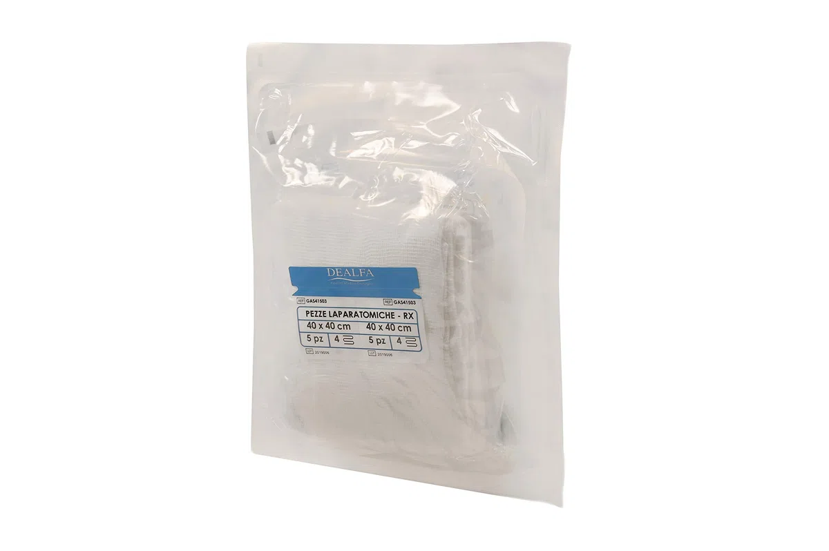 DEALFA Pezze Laparatomiche di Garza Sterili - 40x40 cm - 4 Strati con RX - Colore Bianco - Monouso - Doppia Busta Sterile da 5 Pezzi - Confezione da 5 Buste