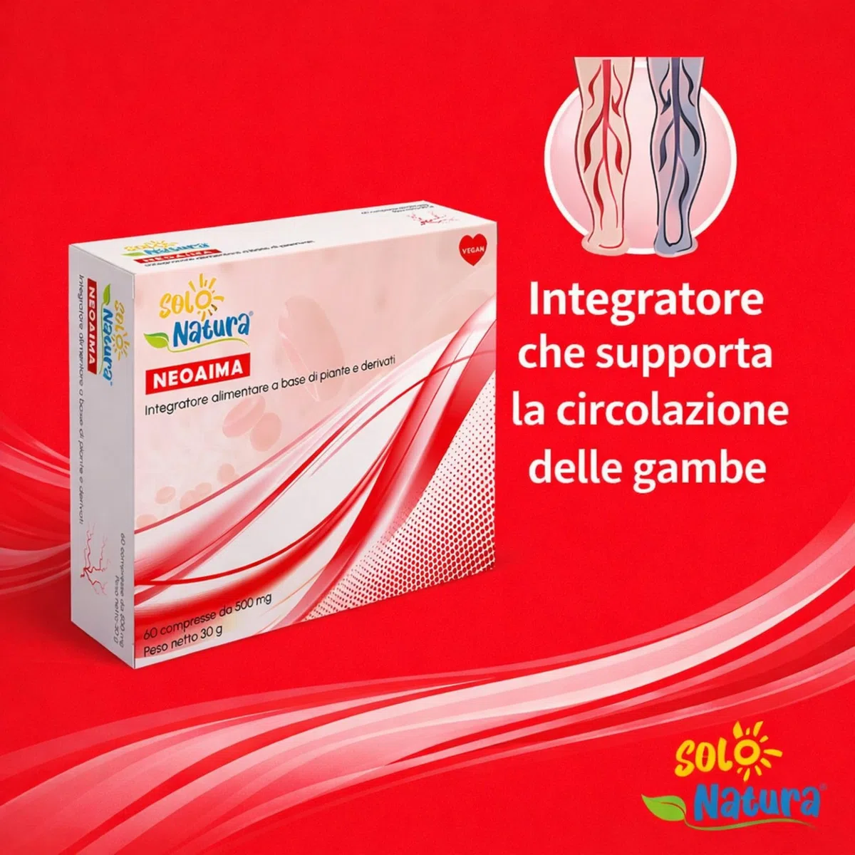Solo Natura NEOAIMA – Integratore per Circolazione Gambe con MIrtillo Nero, Diosmina, Esperidina e Troxerutina, Supporto Microcircolo e Drenante contro Gambe Gonfie e Pesanti, 60 Compresse da 500 mg