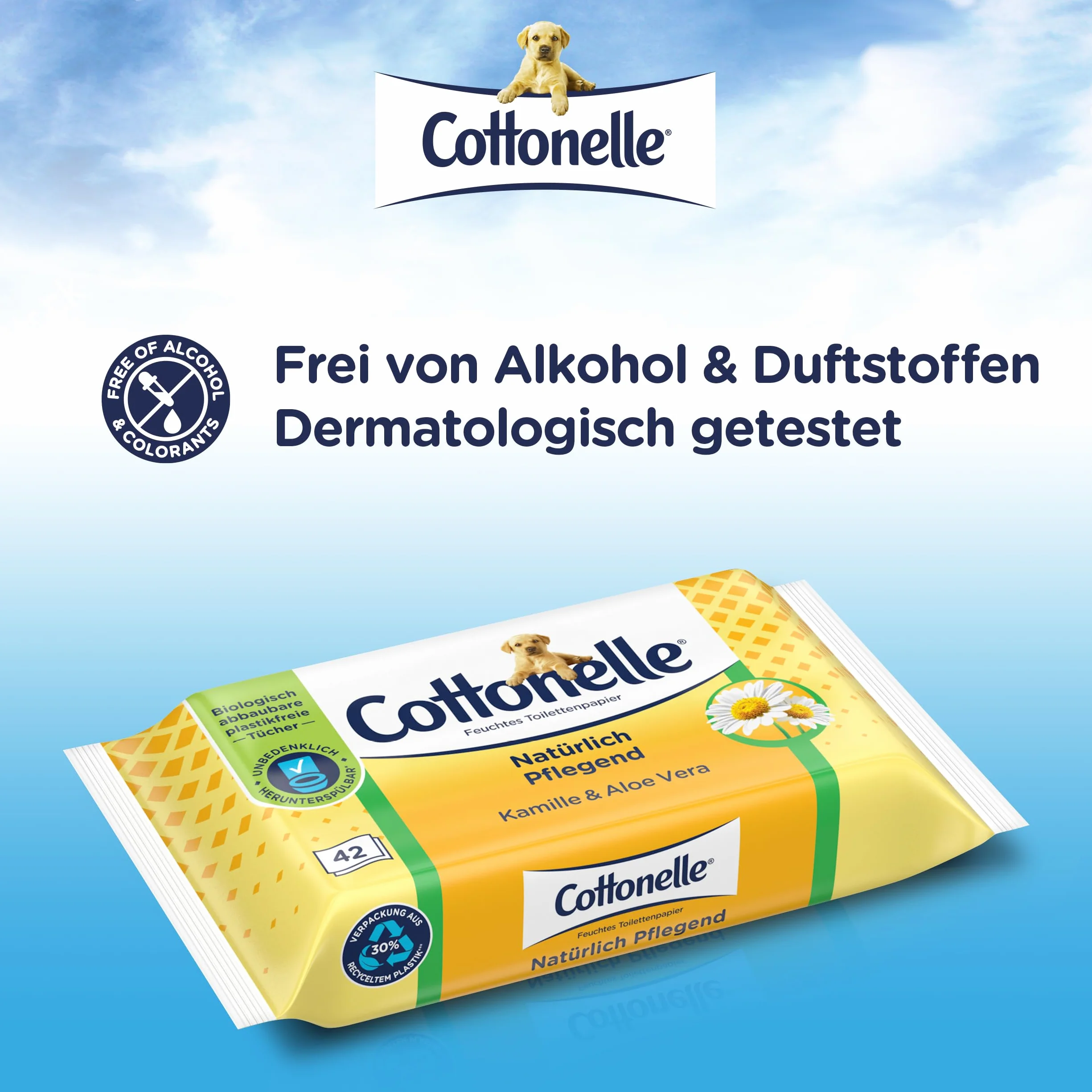 Cottonelle Carta igienica umida, naturale nutriente, camomilla e aloe vera, biodegradabile, senza plastica, richiudibile, confezione conveniente, 12 x 42 salviettine umidificate