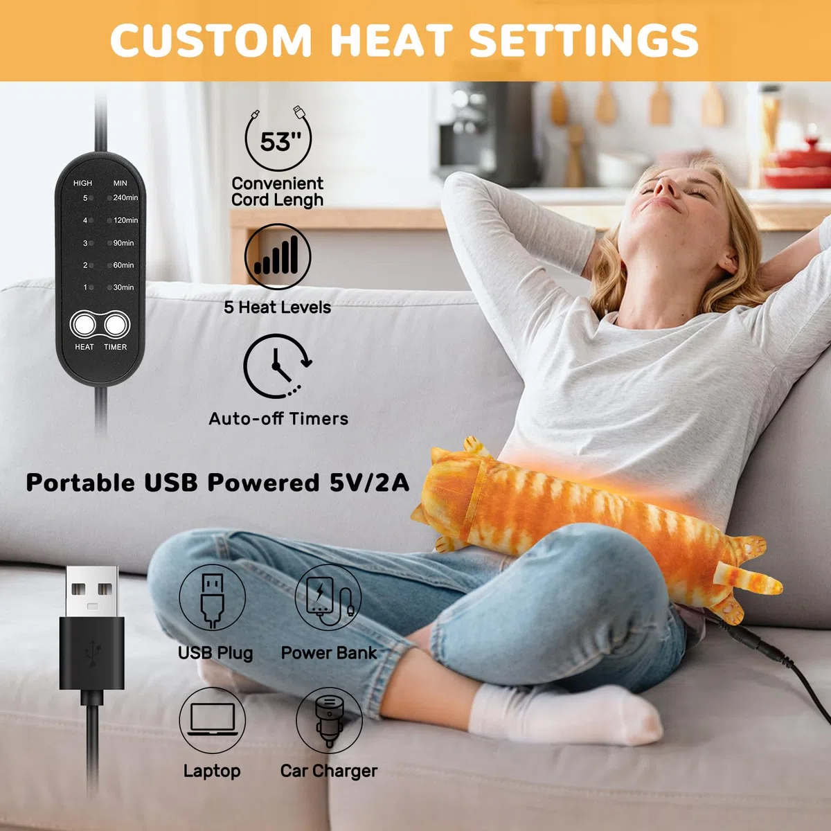 Cuscinetto riscaldante per gatti per crampi mestruali, sollievo dal dolore mestruale, cuscinetti elettrici portatili alimentati tramite USB, simpatici animali di peluche, regali divertenti per donne