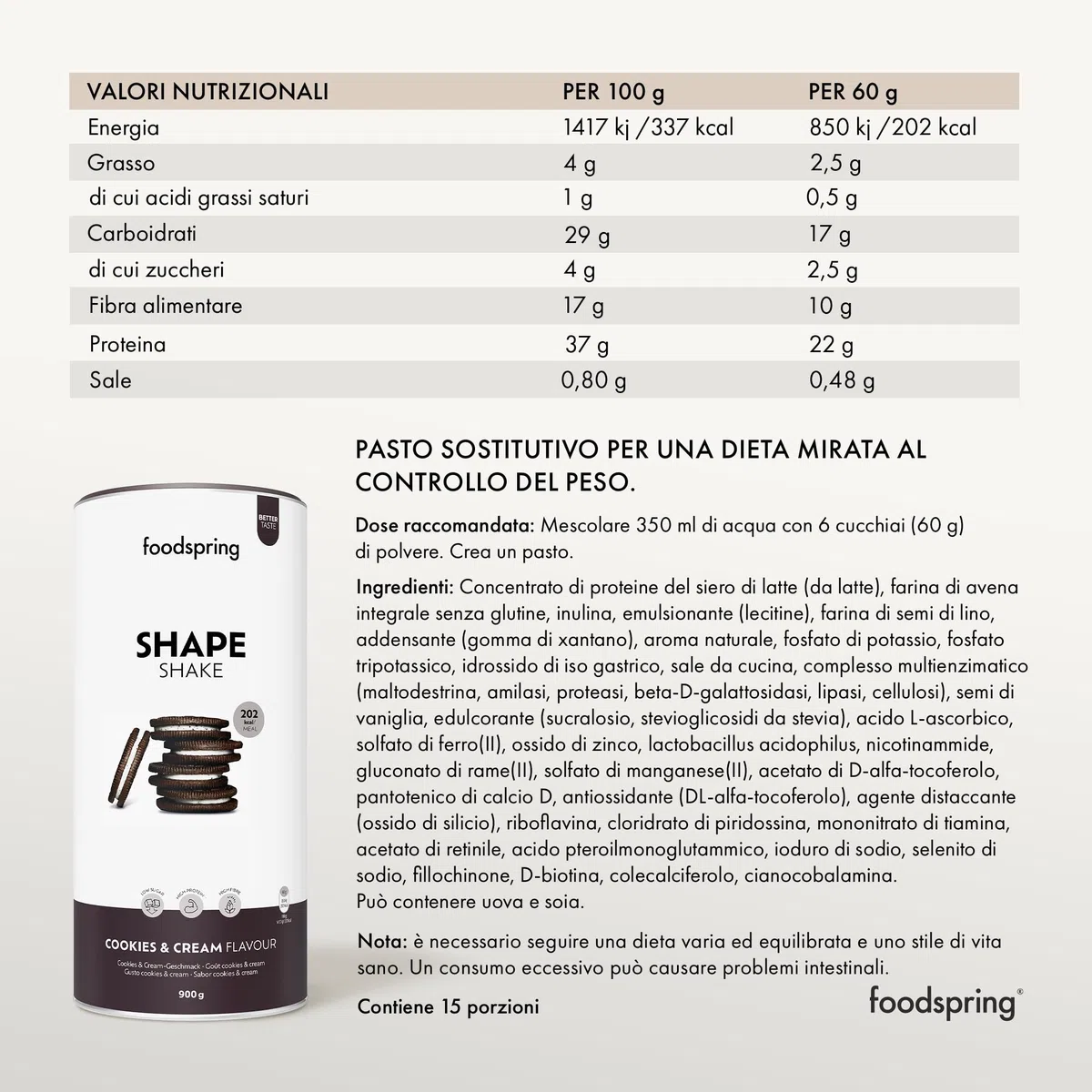 foodspring Shape Shake Cookies & Cream - Sostituto pasto completo per il controllo del peso con proteine di prima qualità, 202 kcal per porzione, senza glutine - nuova formula (900g)
