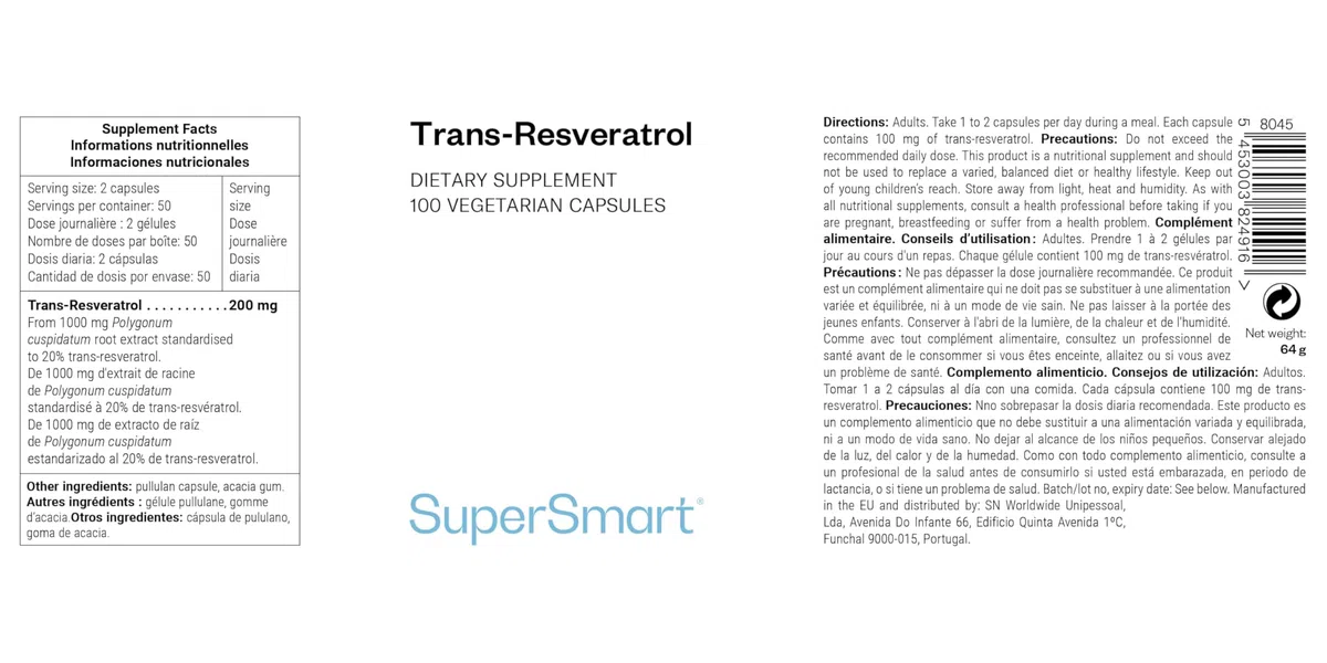 Trans-Resveratrol - Estratto di radice di Hu Zhang - Aiuta a combattere lo stress ossidativo e l'infiammazione - Vegano - Senza glutine - Supersmart