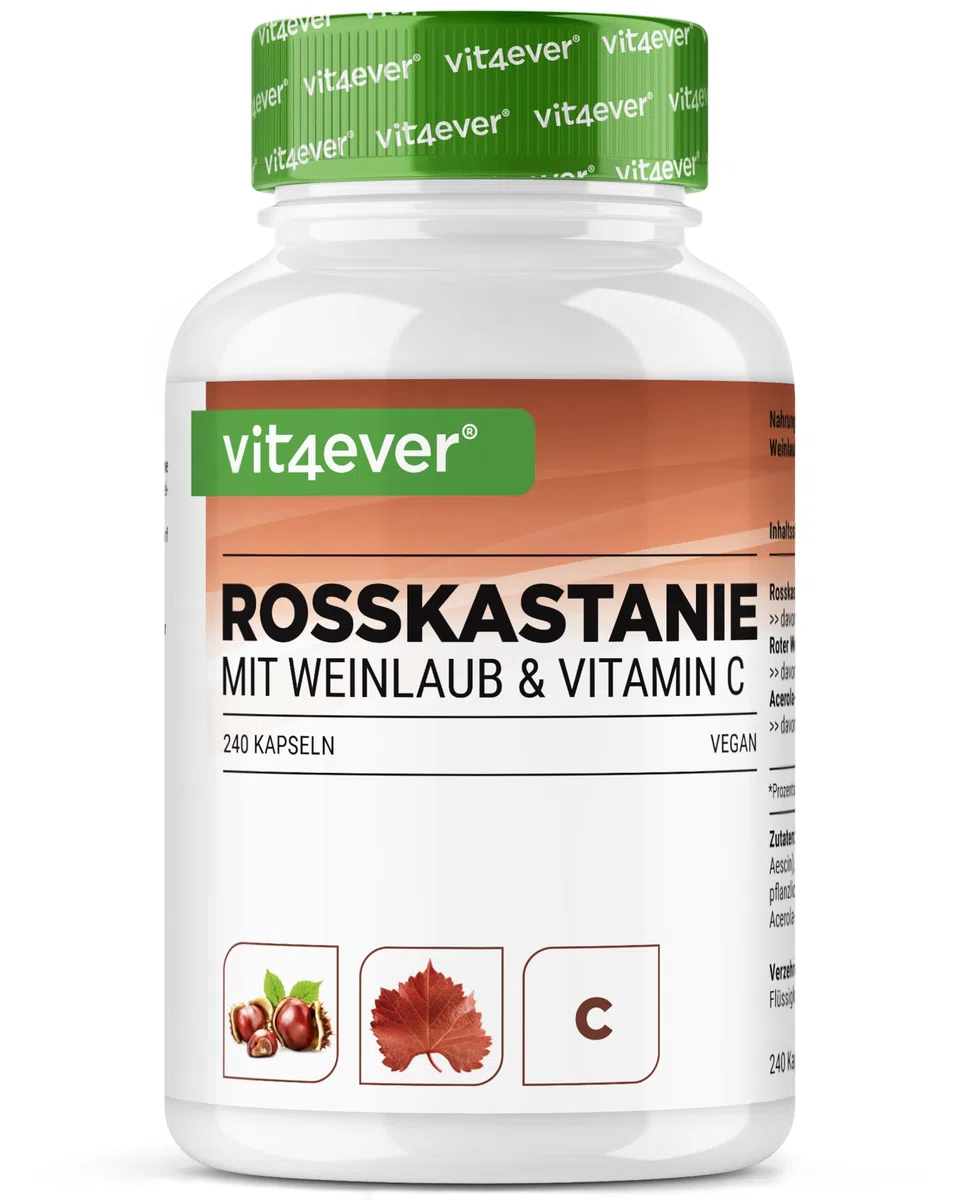 Estratto di ippocastano - 240 capsule - Dosaggio elevato con 1330 mg di estratto per dose giornaliera - Ippocastano con foglie di vite e vitamina C di acerola - Senza additivi indesiderati, vegano