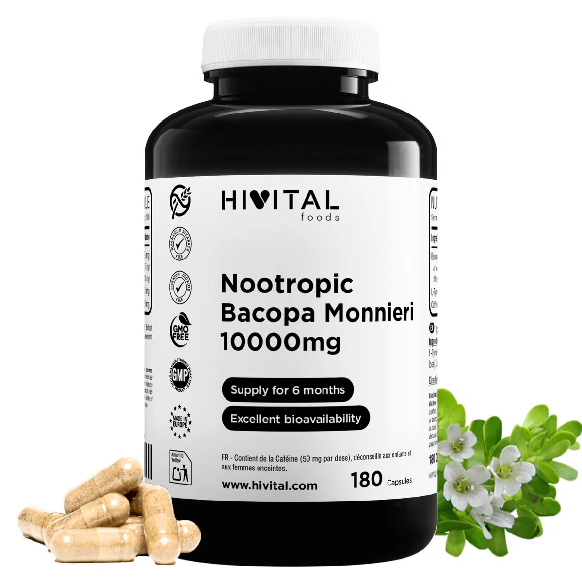 Nootropico Bacopa Monnieri 10000 mg. 180 capsule per 6 mesi di trattamento. Nootropic Naturale con L-Tirosina e Caffeina. Prodotto in Europa da HIVITAL