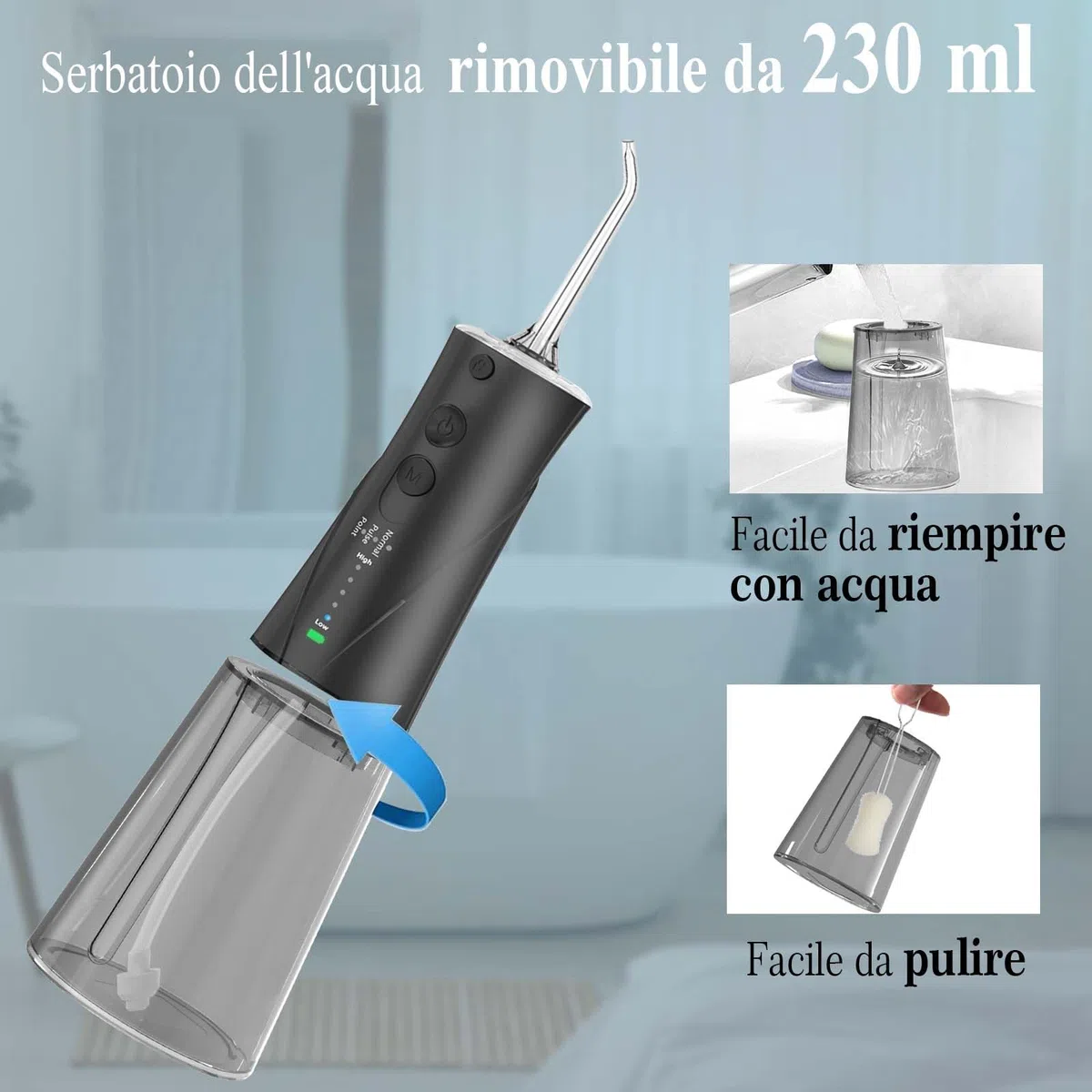 SURFOU Idropulsore Dentale Portatile 3 Modalità 5 Pressione dell'acqua e 7 Ugelli, 230 ml IPX7 Impermeabile USB Ricaricabile per Viaggi e uso Domestico