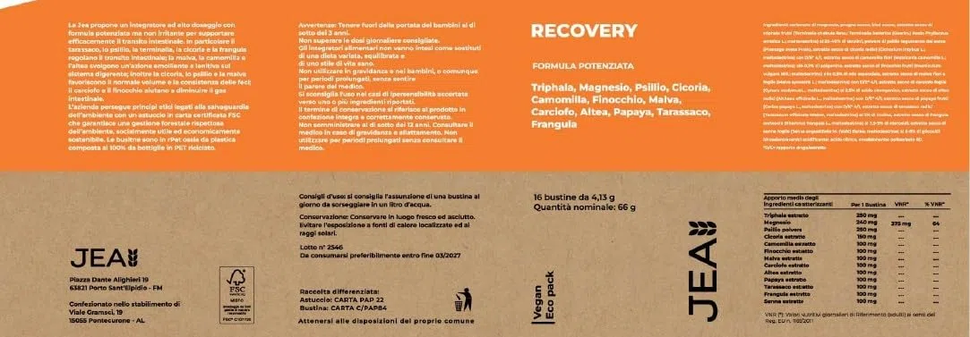 Jea RECOVERY Integratore Naturale per Regolarità Intestinale e Gonfiore - Formula Lenitiva con Psillio, Triphala, Malva e Camomilla - Depurativo Detox - 16 Bustine in Carta FSC