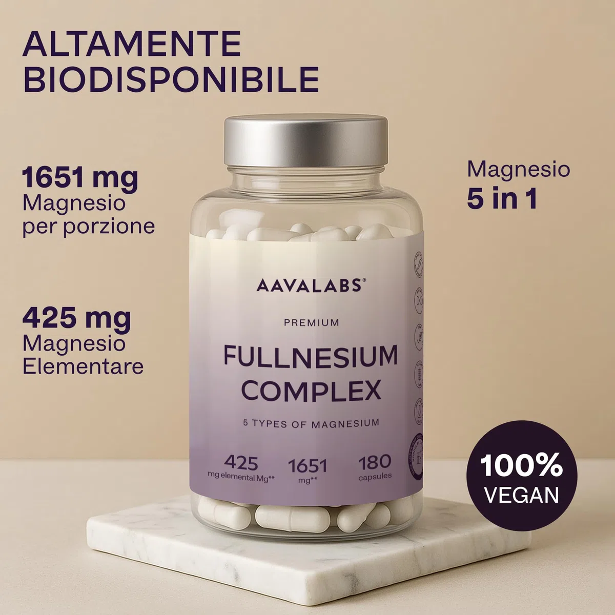 Magnesio Completo 1651mg | 5 Fonti di Magnesio: Citrato, Bisglicinato (Glicinato), Malato, Taurato, Ossido - 425mg Mg Elementare - Integratori Stanchezza - Integratore Donna e Uomo - 180 Capsule