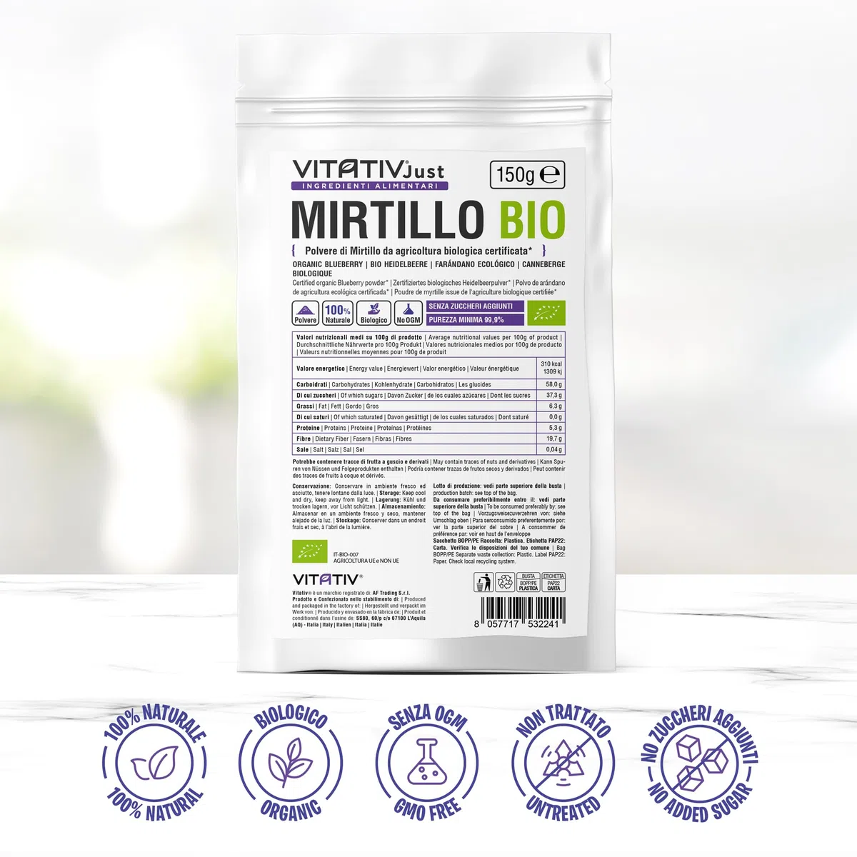 Polvere di Mirtillo Bio, Senza Zuccheri Aggiunti, da Agricoltura Biologica Certificata