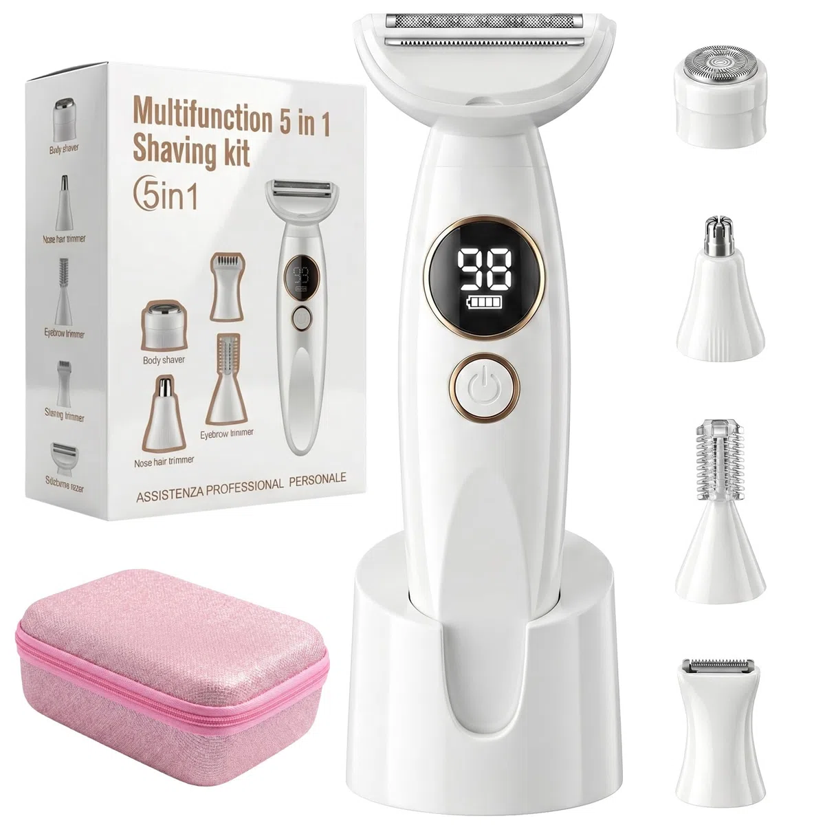 Rasoio Elettrico, 5 in 1 Depilatore Corpo Donna, Epilatore Elettrico Donna IPX7 Impermeabile, Rasoio Parti Intime con Colonnina di ricarica USB, Rasoio Donna per Viso,Corpo,Soprocciglia,Inguine