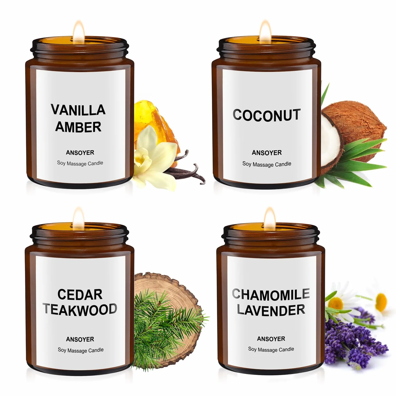 4 Pezzi Candela da massaggio - Set Regalo con 4 Candele da 128g per Massaggi, Aromaterapia e Relax - Olio Idratante, Fragranze Delicate (Vaniglia Ambra + Cocco + Cedro Teak + Camomilla Lavanda)