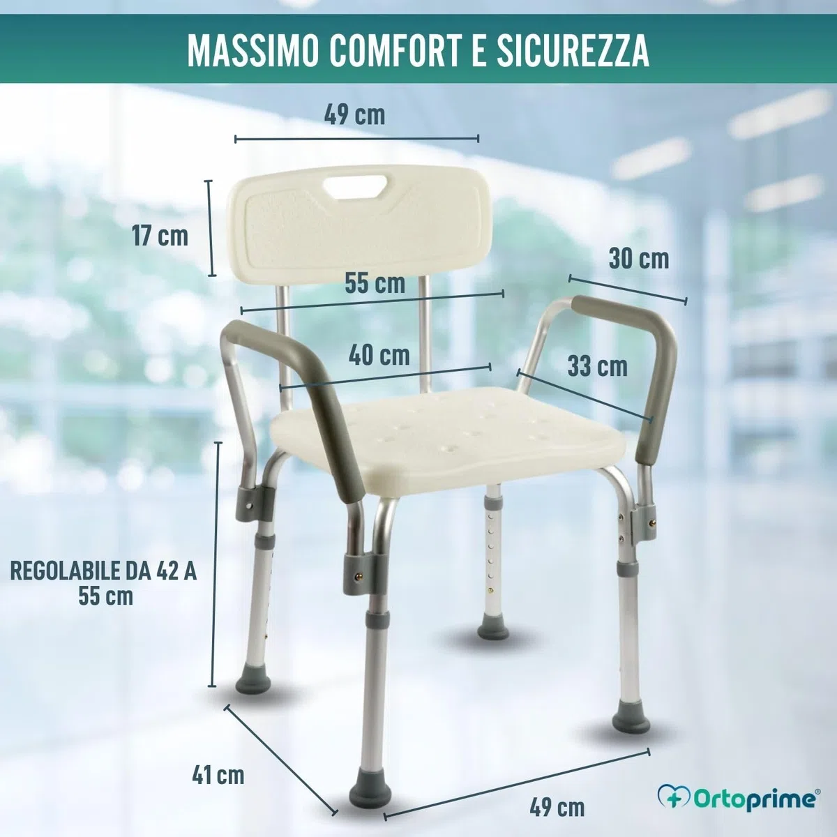 OrtoPrime Sedia da Doccia per Anziani con Schienale Rimovibile – Seggiolino Doccia Antiscivolo Regolabile in 6 Altezze – Sedile per Doccia Anziani e Disabili con Braccioli Imbottiti