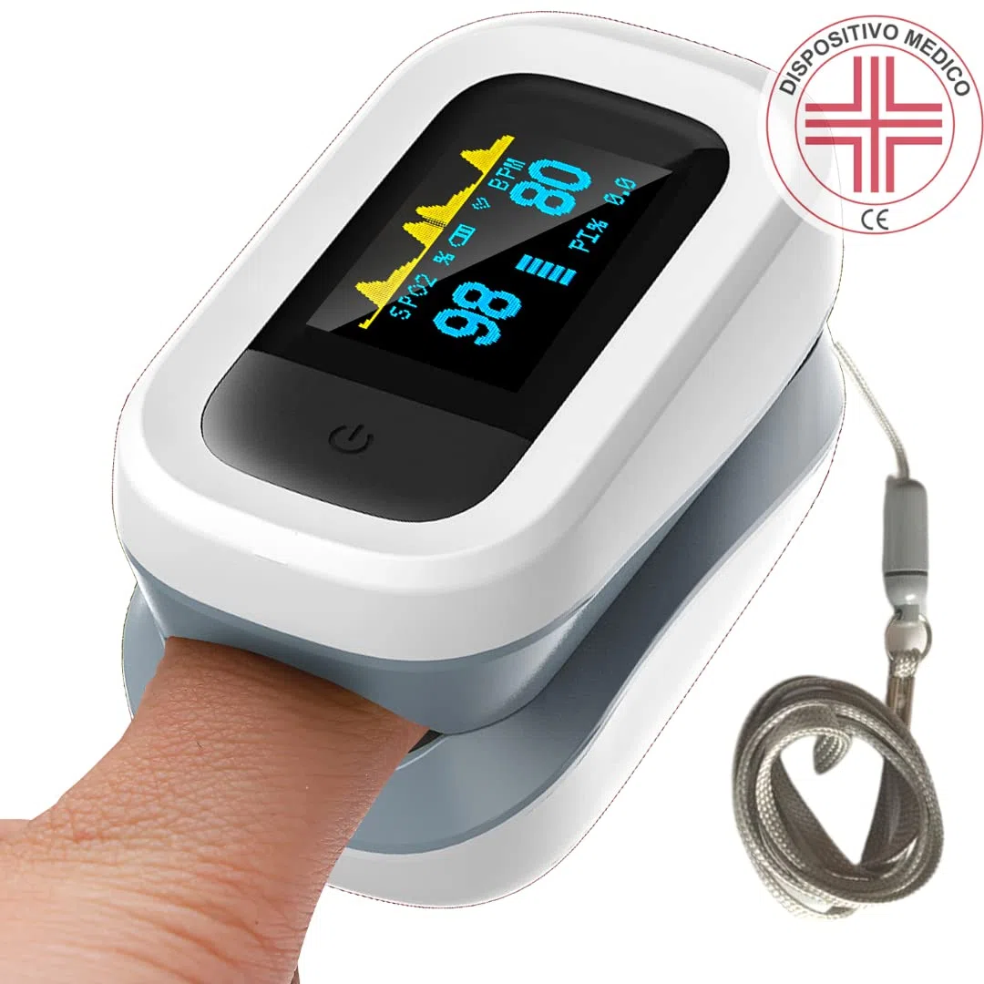 Saturimetro da Dito Professionale Certificato, Pulsossimetro da Dito Portatile, Completamente regolabile, Display OLED a 2 Colori, Misurazione SPO2 e Frequenza cardiaca, per Uso Domestico e Sportivo
