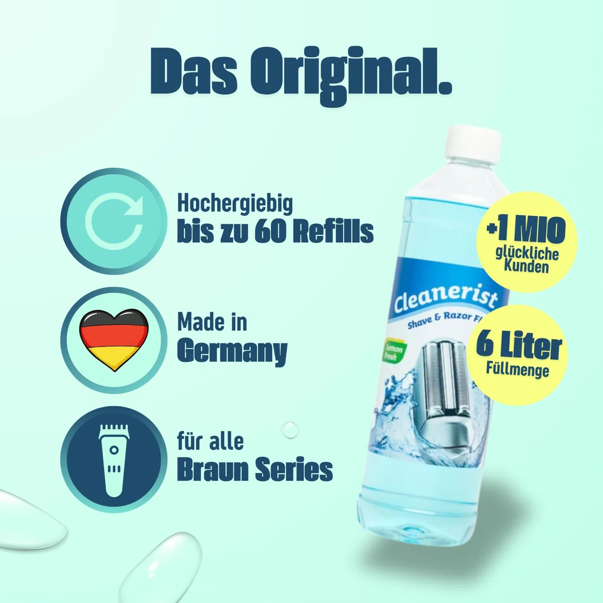 Cleanerist | 6 X 1L Pulitore per testina di rasatura Liquido di ricarica per Braun Clean & Renew (Series 3/5/7/8/9) – Sostituzione per la ricarica di 50 cartucce di pulizia CCR – Rasoio liquido