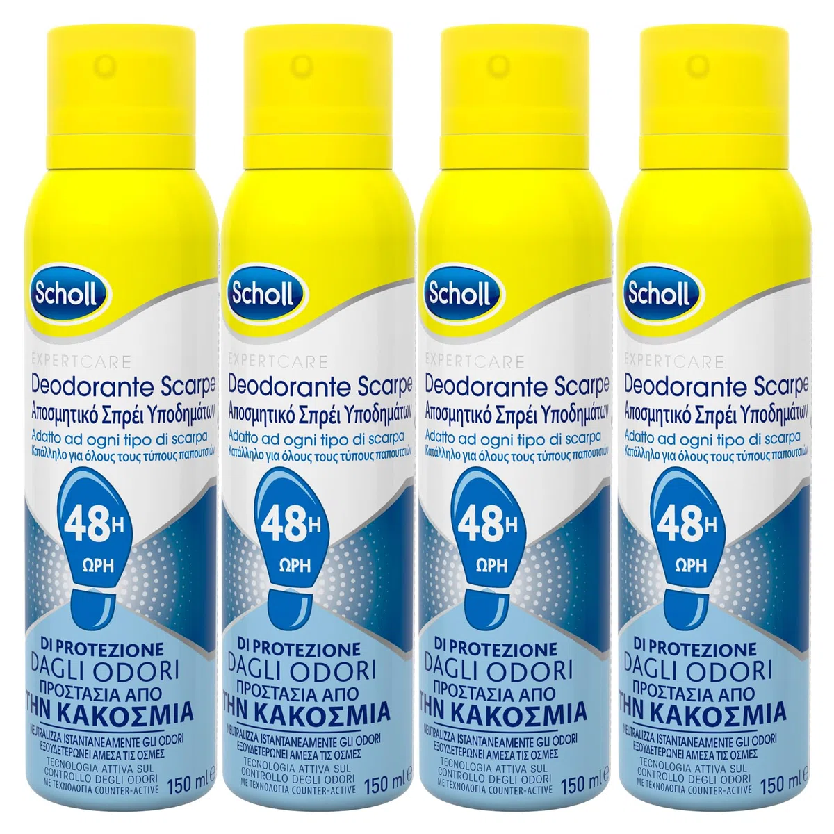 Scholl Fresh Step Deodorante Scarpe Spray Antiodore 48h Performance Contro i Cattivi Odori Non Lascia Aloni o Residui - 4 Flaconi da 150ml
