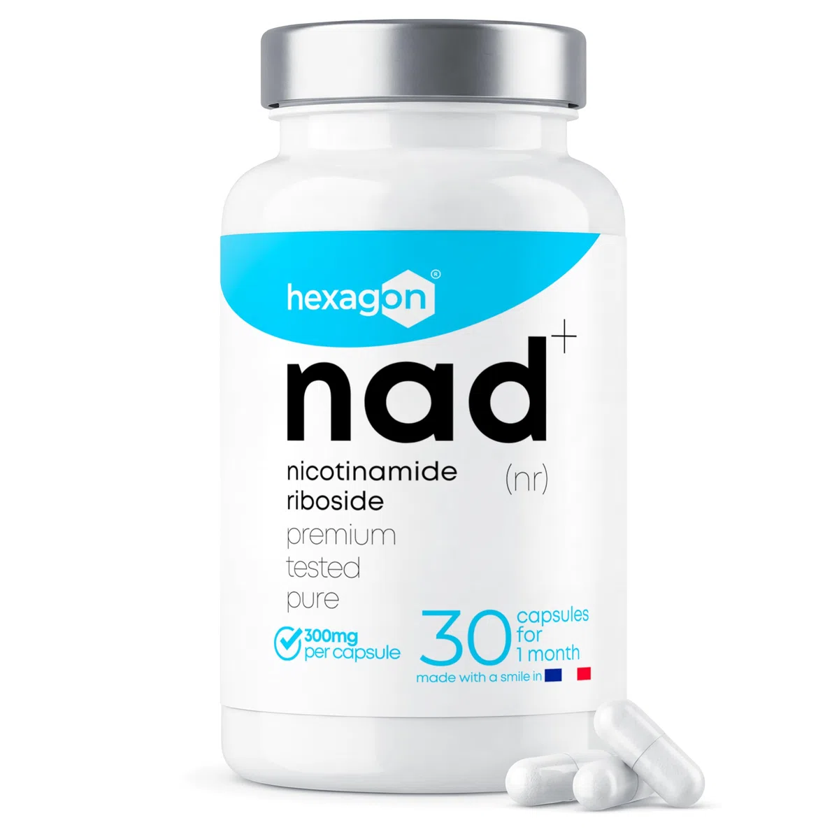 NAD+ Nicotinamide Riboside Chloride 300mg - +1 Mese di Cura - NAD Booster - Anti-Età e Contro la Fatica, Supporto Nervoso - 30 Capsule Vegetali - Vegan & Premium - Hexagon