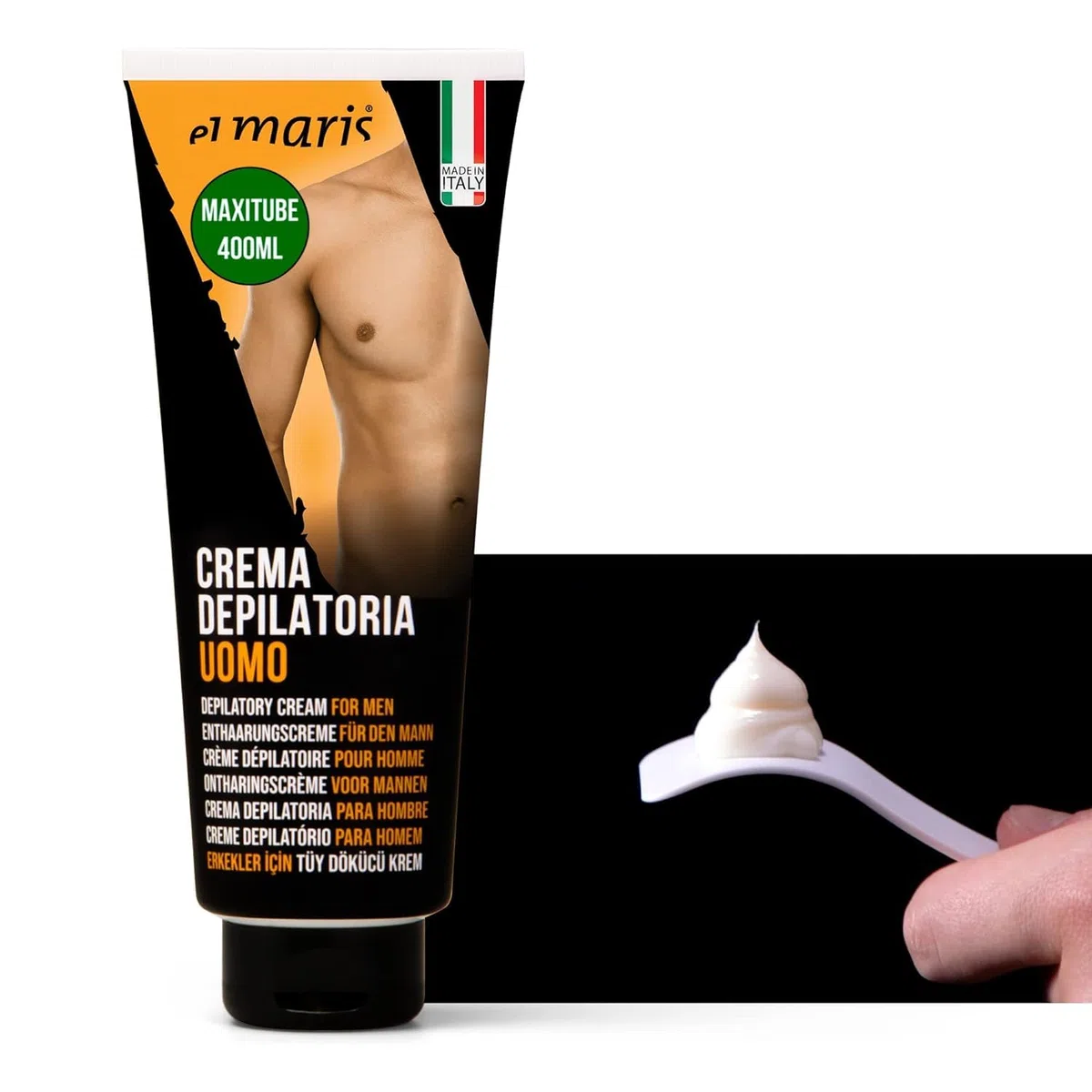 ELMARIS - Crema Depilatoria Uomo - Corpo e Zone Intime - MAXI TUBO 400 ml - Ultrarapida e Delicata - Per Pelli sensibili