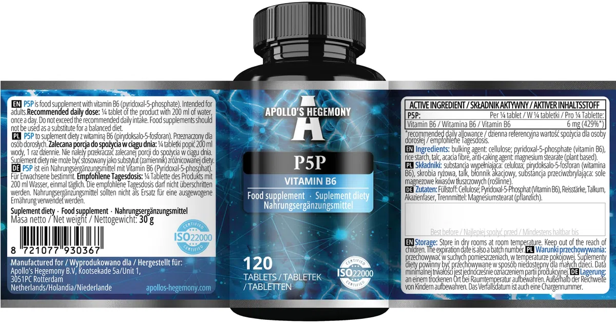Piridossal-5-fosfato (P-5-P) 6 mg per porzione - 120 compresse vegane - Vitamina B6 - Fornitura per 480 dosi - Supporta le funzioni nervose e psicologiche - da Apollo's Hegemony