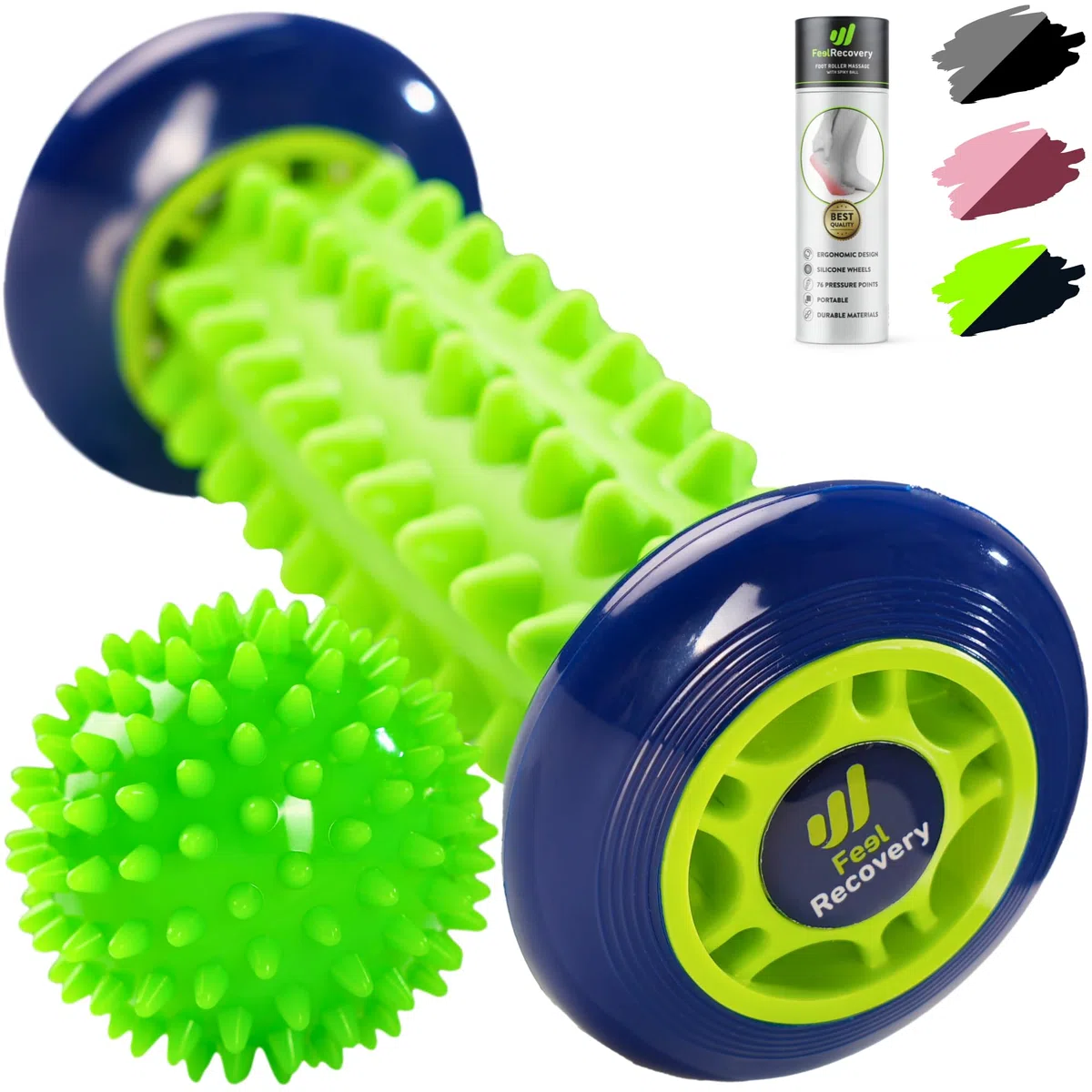 Set Rullo Massaggiatore Piedi per Fascite Plantare + Pallina a Riccio per Massaggio di Riflessologia Muscolare - Kit Agopressione per Dolore Piede, Schiena, Gambe & Cellulite (Verde)