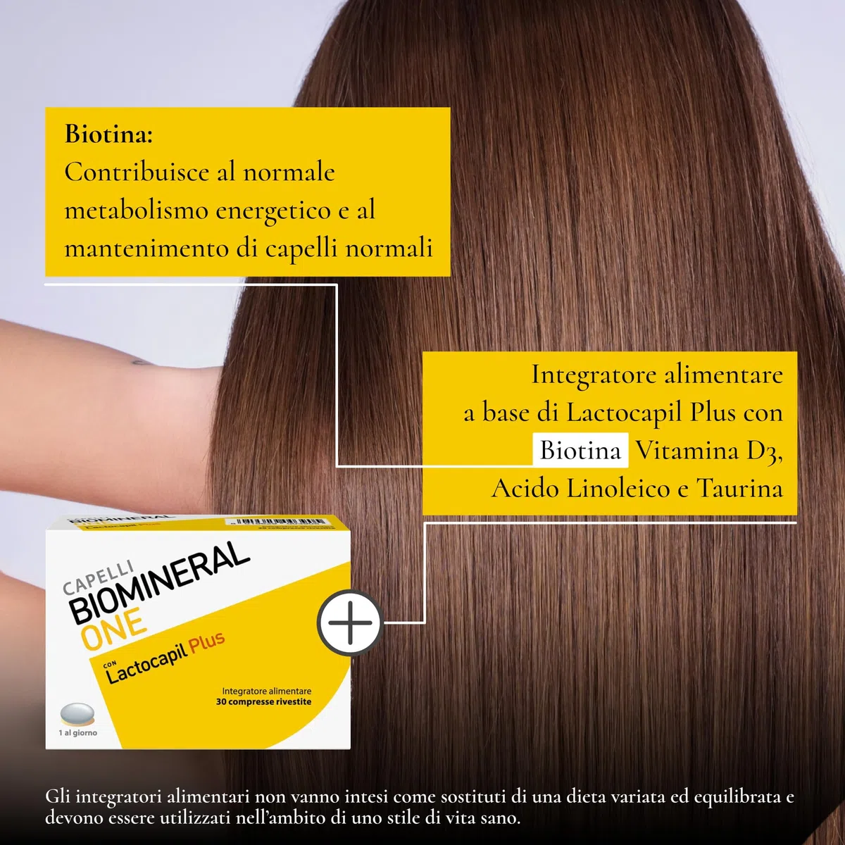 Biomineral One Capelli Più Forti, Valuminosi e Spessi, 60 Compresse, Integratore per Capelli a Base di Lactocapil Plus con Biotina, Vitamina D, Acido Linoleico e Taurina, 2 Confezioni da 30 Compresse