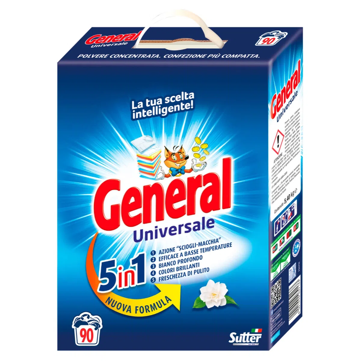 General Universale 5in1 Detersivo in Polvere per Lavatrice Azione Sciogli Macchia da 90 Lavaggi - Flacone da 5kg