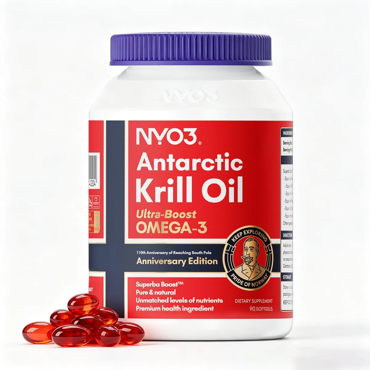 NYO3 Olio di Krill 1000mg Omega 3 EPA & DHA, Olio di Krill Antartico puro con Astaxantina, supporta il cervello, la pelle e il sistema immunitario, testato in laboratorio,90 capsule molli