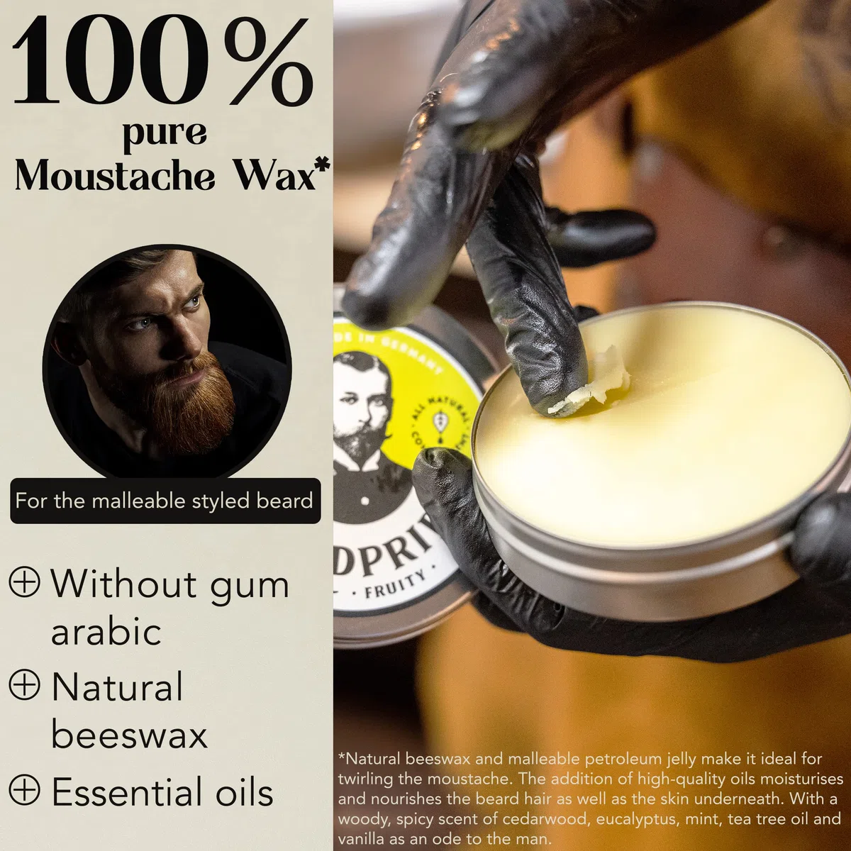 BEARDPRIDE Cera per barba uomo - Traditional - La cera per barba originale per modellare i baffi - Cera per barba a base di cera d'api - Cera per barba - Regalo per uomini - 55g
