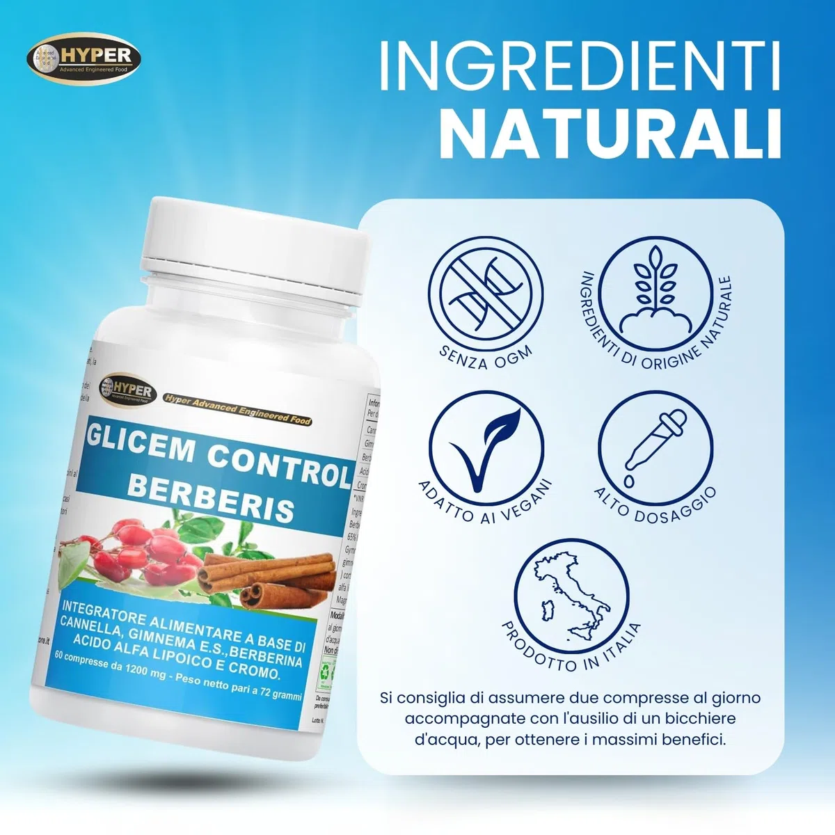 Hyper Glicem Control Berberis 60 Cpr - Integratori per Glicemia con Berberina, Gymnema, Cannella, Acido Alfa Lipoico e Cromo Picolinato - Metabolismo dei Carboidrati - Made in Italy