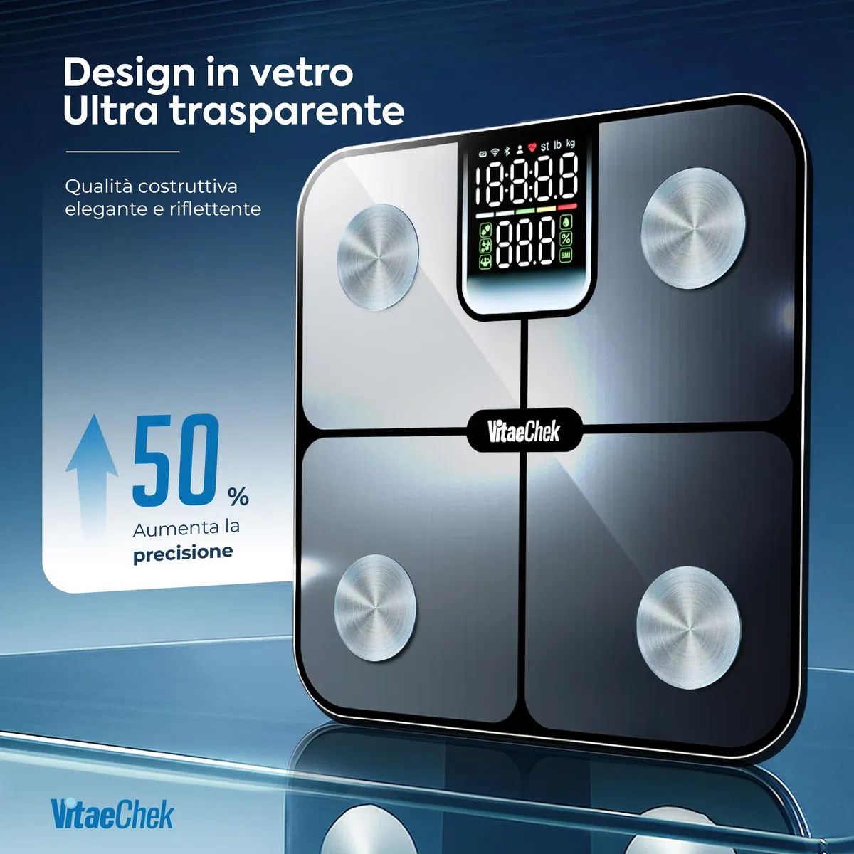 Bilancia Pesapersone Digitale Intelligente 180Kg Bluetooth con App, Impedenziometrica Professionale con Elettrodi in Acciaio Inossidabile, Display LED e 25 Indicatori Corporei