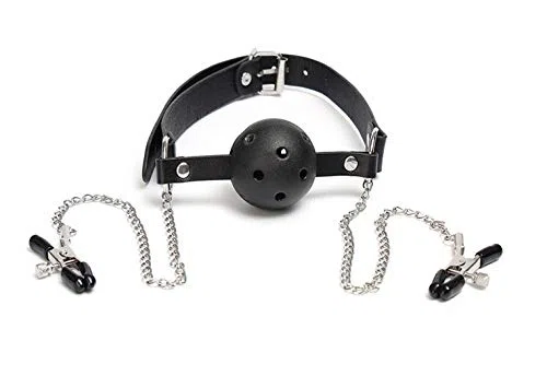 Bavaglio per Adulti con Pallina per Bocca (Ball Gag) e Catena con Morsetti Seno, Pinze Strizza Capezzoli, Morso per Bocca Sadomaso