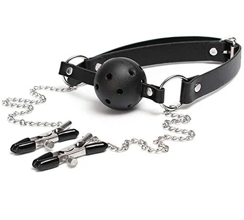 Bavaglio per Adulti con Pallina per Bocca (Ball Gag) e Catena con Morsetti Seno, Pinze Strizza Capezzoli, Morso per Bocca Sadomaso