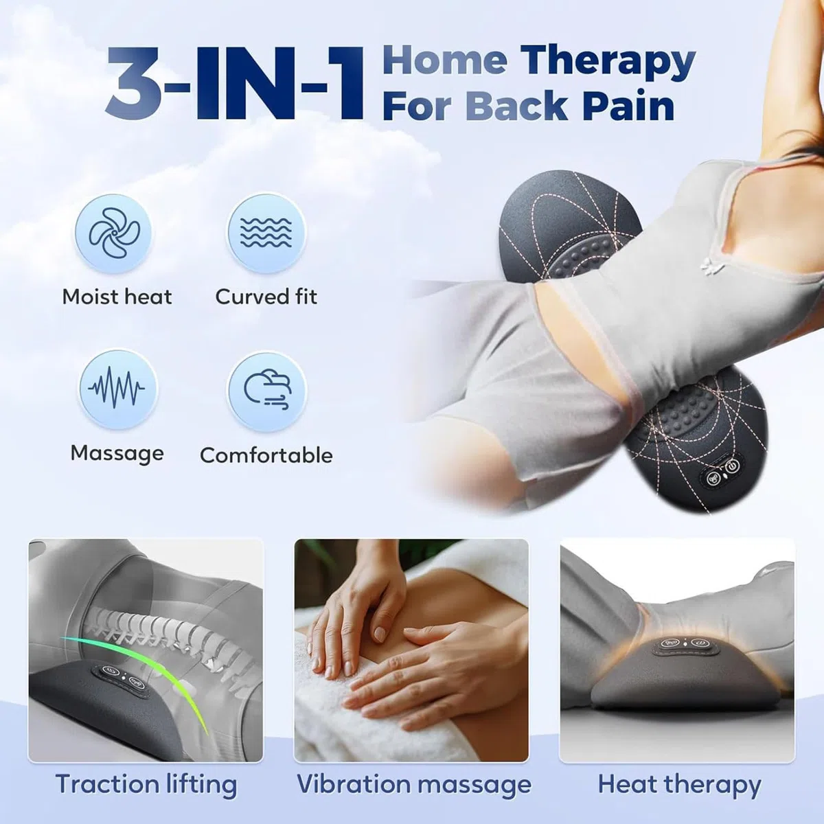 Massaggiatore 3 in 1 per la Schiena,2026 New 3 in 1 Back Therapy, Massaggio Vibrante e Impacco Termico, Funzionamento Silenzioso, Allevia il Dolore Lombare, per Collo, Spalle e Schiena (B)