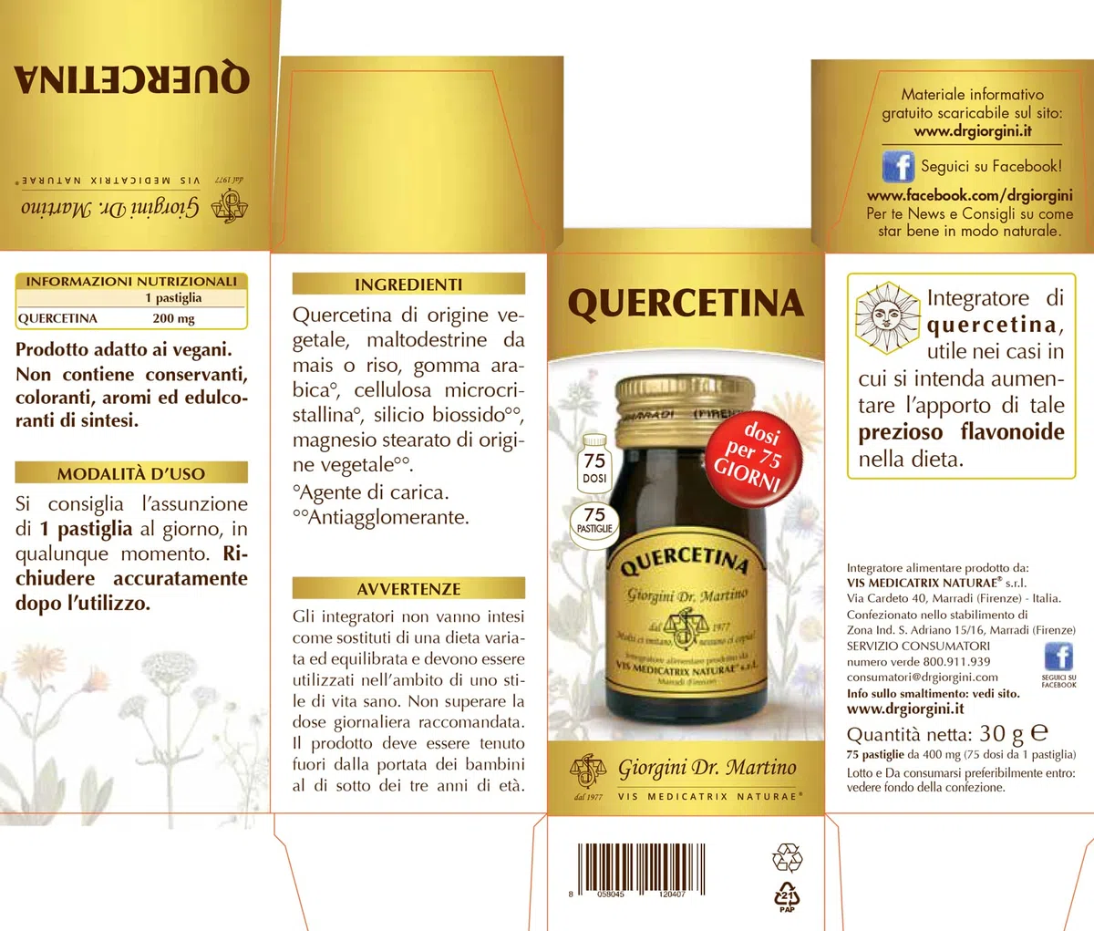 Dr. Giorgini Quercetina - Confezione da 75 pastiglie da 400 mg (75 dosi da 1 pastiglia), 30 g