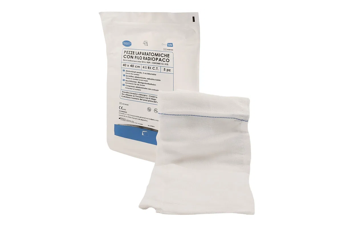 DEALFA Pezze Laparatomiche di Garza Sterili - 40x40 cm - 4 Strati con RX - Colore Bianco - Monouso - Doppia Busta Sterile da 5 Pezzi - Confezione da 5 Buste
