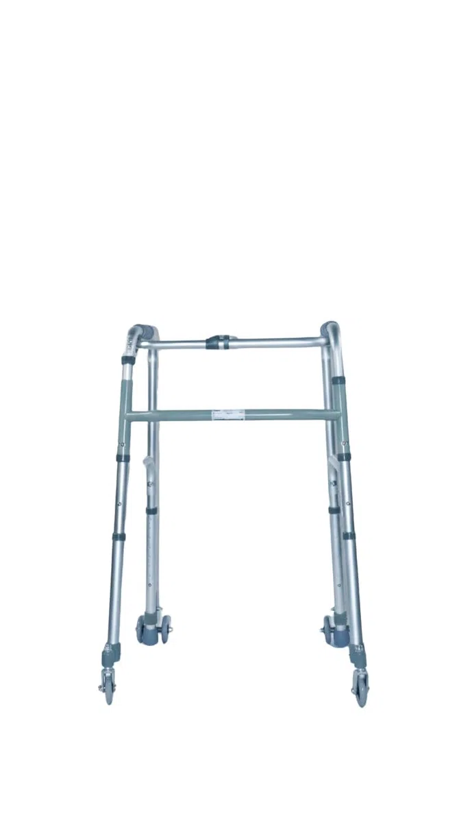 Ausilium Deambulatore Pieghevole a 4 Ruote in Alluminio, Ruote Anteriori Piroettanti e Posteriori Gemellate con Freno, Manopole Ergonomiche Imbottite, 3,4 kg, Portata 120 kg, Altezza Regolabile