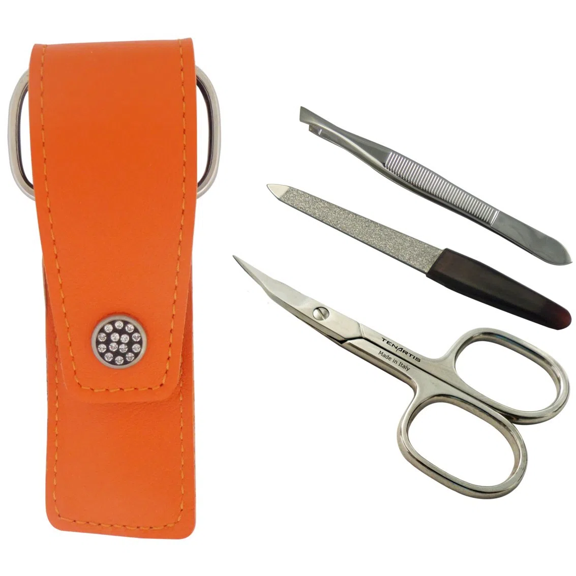 Set Manicure 3 Pezzi, Forbici Unghie, Limetta e Pinzetta, Vera Pelle Arancio - Tenartis Made in Italy